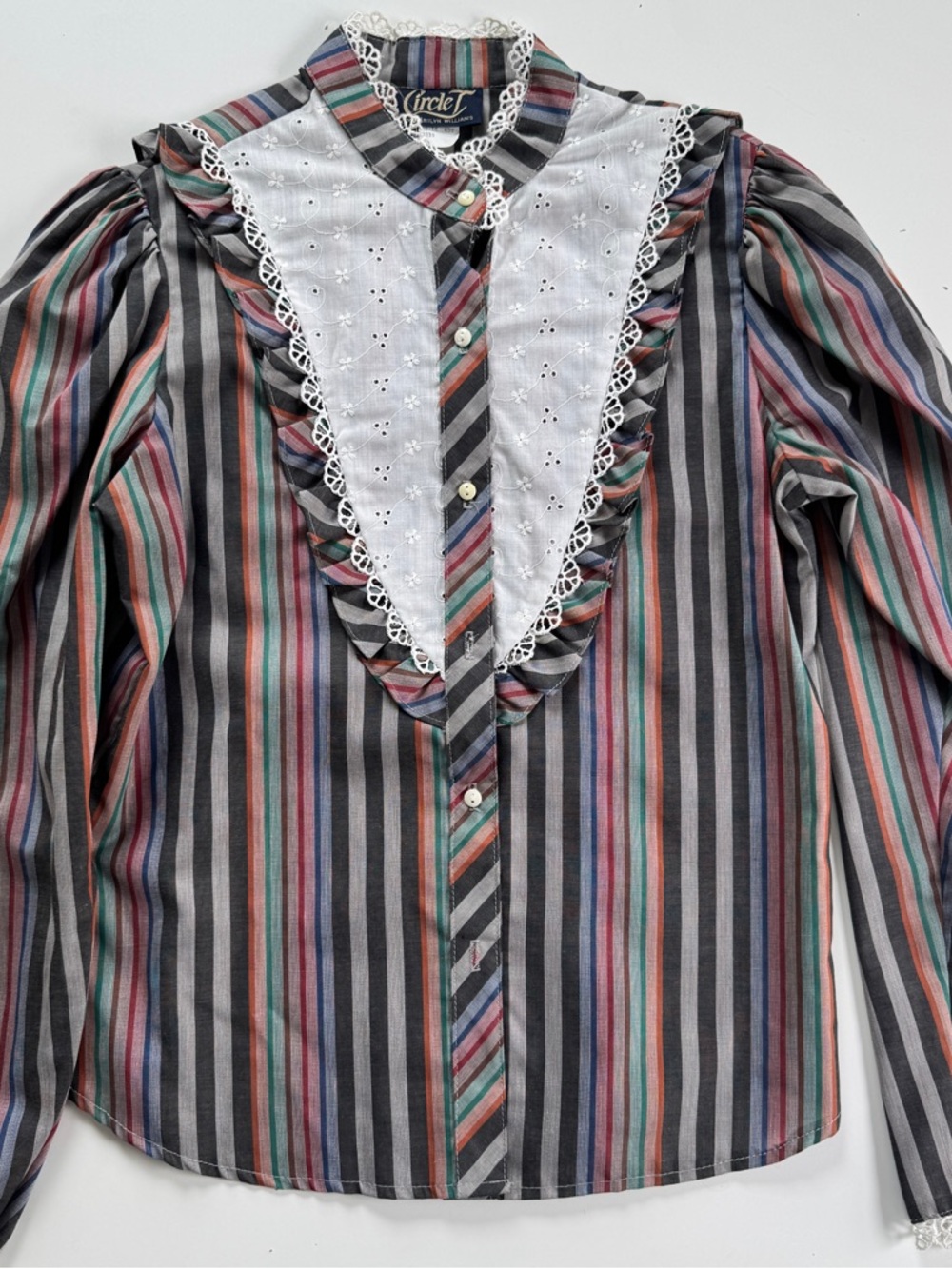 Vintage Circle T Marilyn Williams Lace Striped Western Prairie Blouse S 15-16